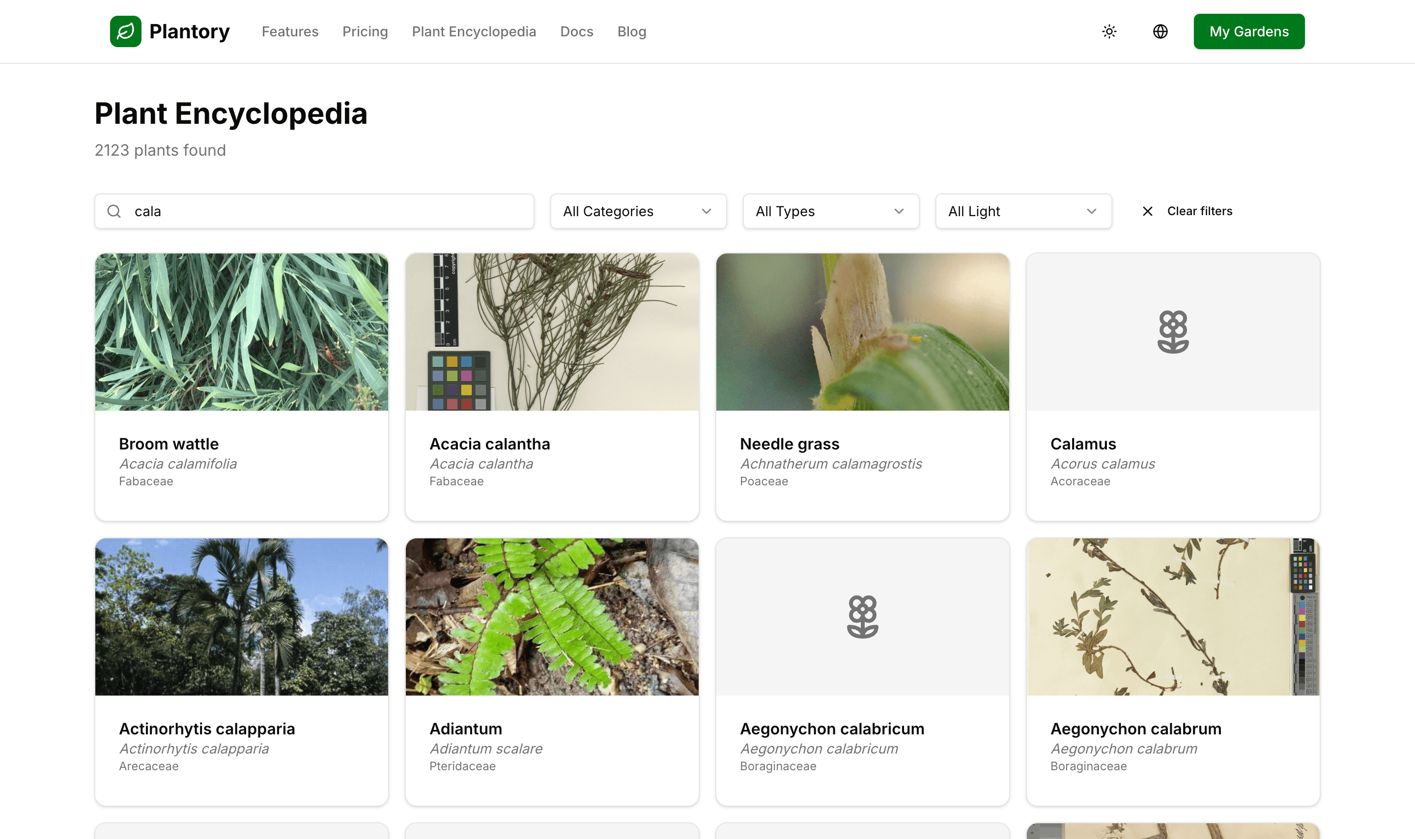 Plant Encyclopedia showing 437,255+ species with search and filters